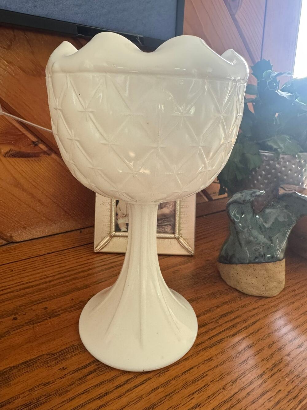Vintage Hazel Atlas Starburst Milk Glass Compote Vase Planter 9" MCM - Picture 1 of 9